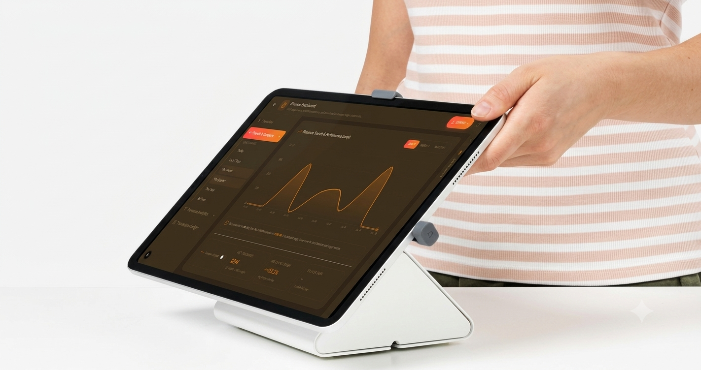 Placing an iPad running the Temple Hub finance dashboard into a front-desk kiosk stand
