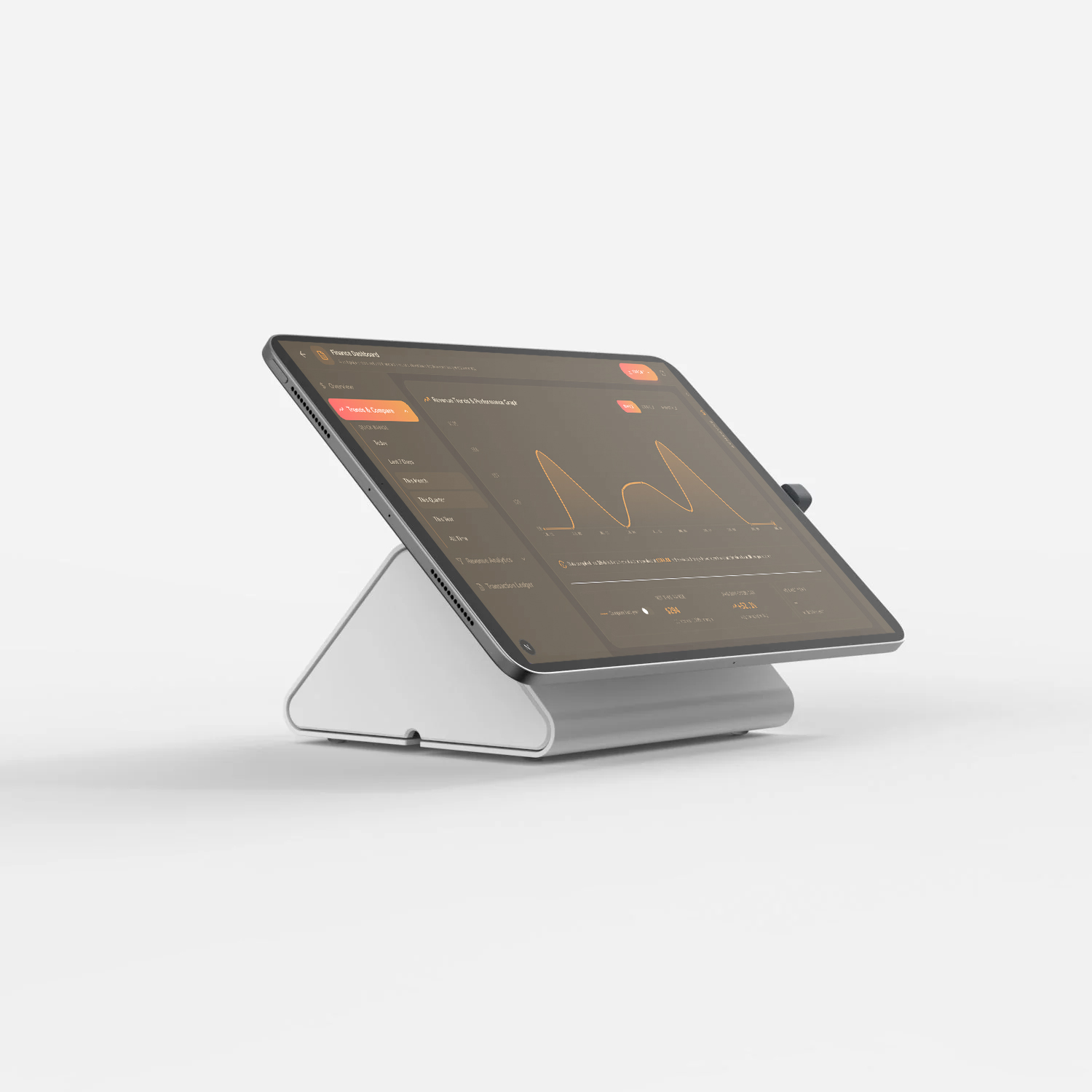 Temple Hub finance dashboard on an iPad counter-top kiosk stand